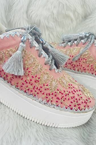 Light pink suede threads, beads & nakshi work sneakers