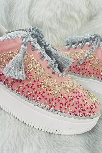 Light pink suede threads, beads & nakshi work sneakers