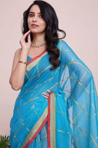 sky blue soft cotton woven saree with blouse