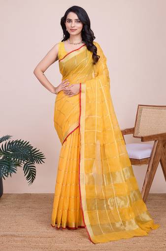 yellow soft cotton woven saree with blouse