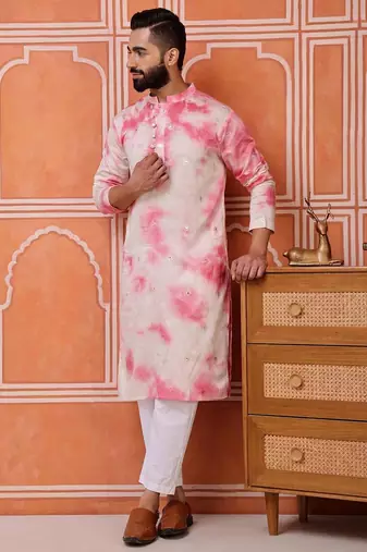 Men pink embroidered viscose blend tie-dye kurta with mirror buti