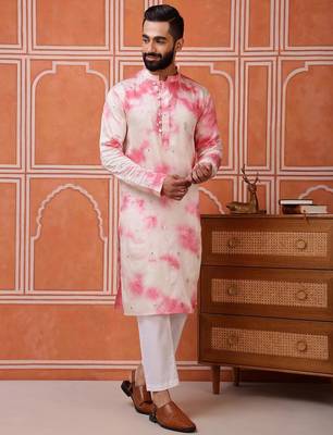 Men pink embroidered viscose blend tie-dye kurta with mirror buti 4