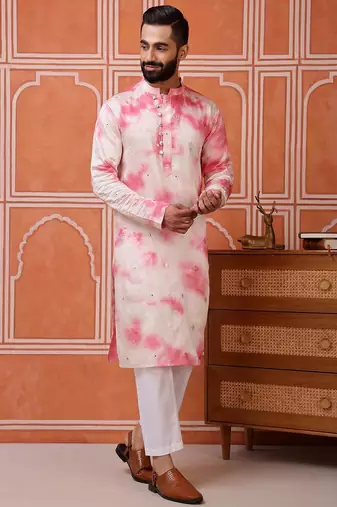 Men pink embroidered viscose blend tie-dye kurta with mirror buti