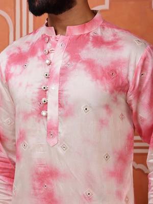 Men pink embroidered viscose blend tie-dye kurta with mirror buti 5