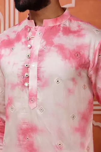 Men pink embroidered viscose blend tie-dye kurta with mirror buti