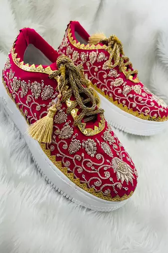 Pink suede thread & zari work sneakers