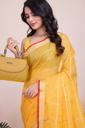 yellow soft cotton woven saree with blouse