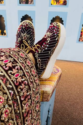 Maroon velvet zari work sneakers