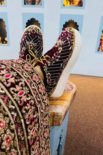 Maroon velvet zari work sneakers