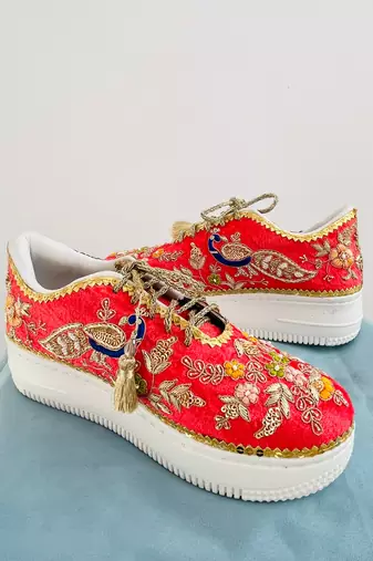 Red suede thread, nakshi & zari work sneakers