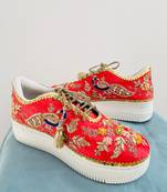 Red suede thread, nakshi & zari work sneakers