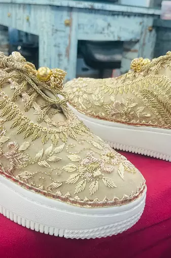 Cream suede zari & nakshi work sneakers
