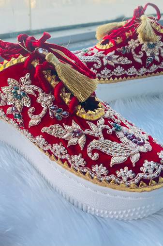 Red suede thread, nakshi, beads & zari work sneakers
