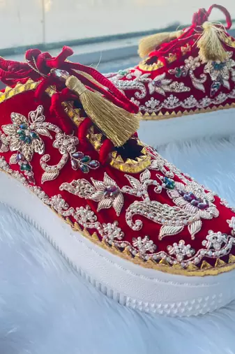 Red suede thread, nakshi, beads & zari work sneakers