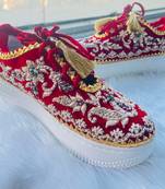 Red suede thread, nakshi, beads & zari work sneakers