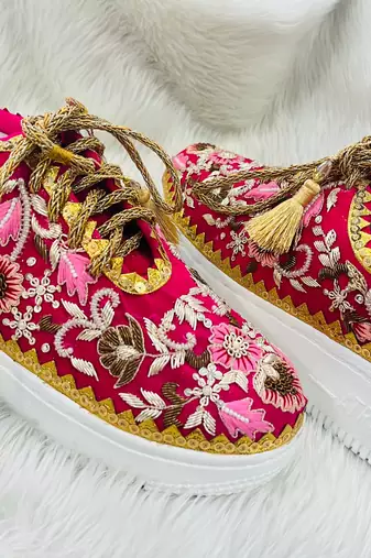 Red suede thread, nakshi & zari work sneakers