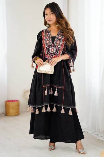 Black Colour Khadi Cotton Embroidery And Mirror Work Navratry Co-Ord Set