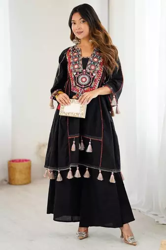 Black Colour Khadi Cotton Embroidery And Mirror Work Navratry Co-Ord Set