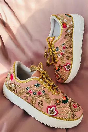 Light pink suede thread, nakshi, sippi & zari work sneakers