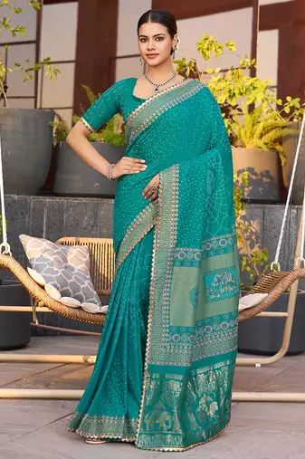 turquoise soft cotton woven saree with blouse