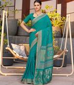 turquoise soft cotton woven saree with blouse