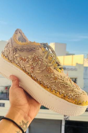 Cream suede zari & nakshi work sneakers