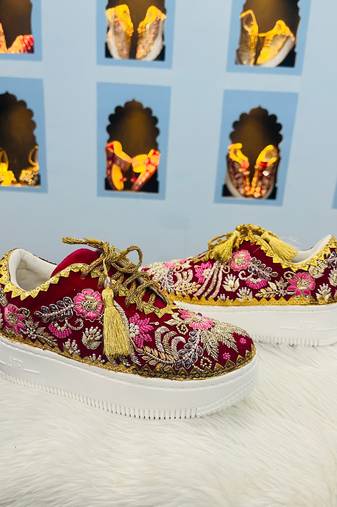 Red suede zari & nakshi work sneakers