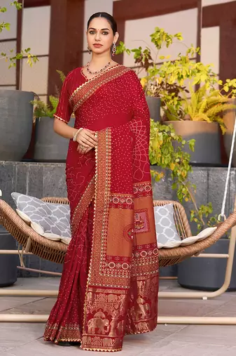 red soft cotton woven saree with blouse