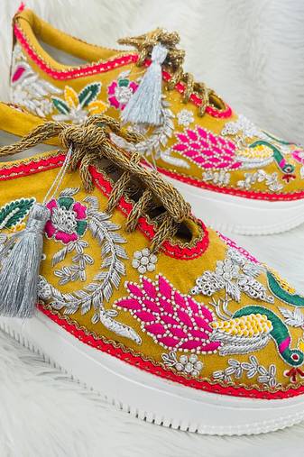 Yellow suede zari, sippi & thread work sneakers