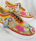 Yellow suede zari, sippi & thread work sneakers
