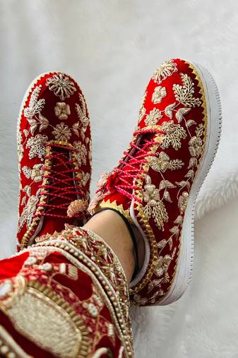 Red suede zari, sippi work sneakers