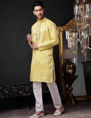 Men yellow jacquard with embroidered silk blend kurta with mirror embellishment 3