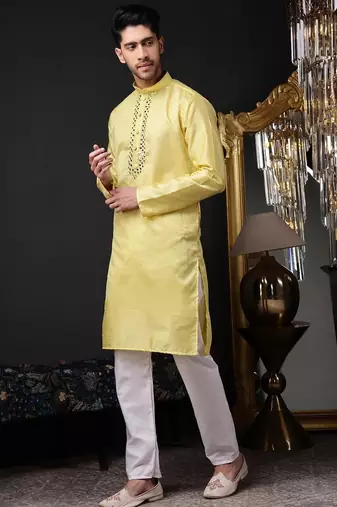 Men yellow jacquard with embroidered silk blend kurta with mirror embellishment