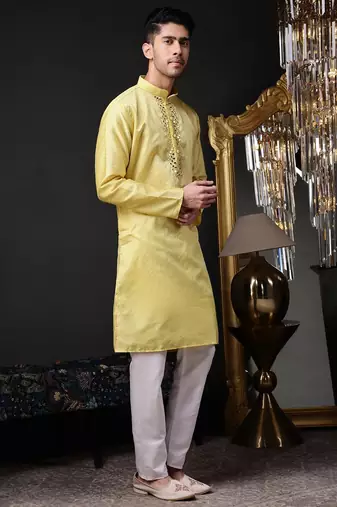 Men yellow jacquard with embroidered silk blend kurta with mirror embellishment