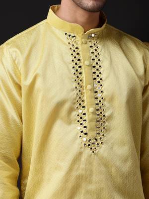 Men yellow jacquard with embroidered silk blend kurta with mirror embellishment 5