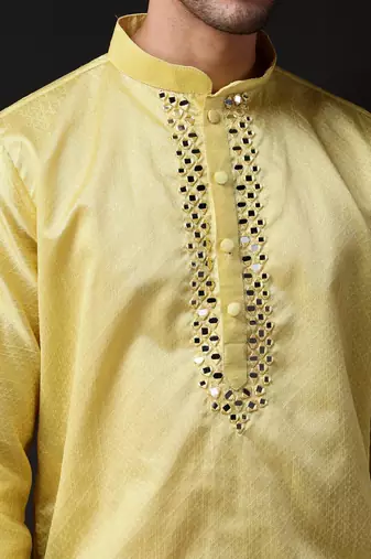Men yellow jacquard with embroidered silk blend kurta with mirror embellishment