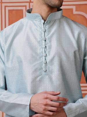 Men midnight blue self-jacquard kurta in silk blend for festive 5
