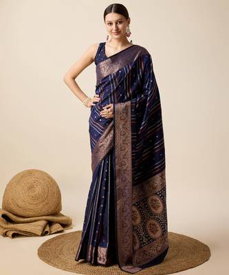 navy blue zari weave jacquard saree 1