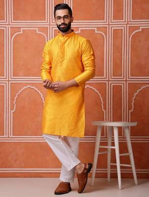 Men mustard yellow georgette kurta featuring soft feather feel fabric 1