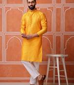 Men mustard yellow georgette kurta featuring soft feather feel fabric