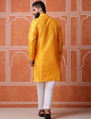 Men mustard yellow georgette kurta featuring soft feather feel fabric 4