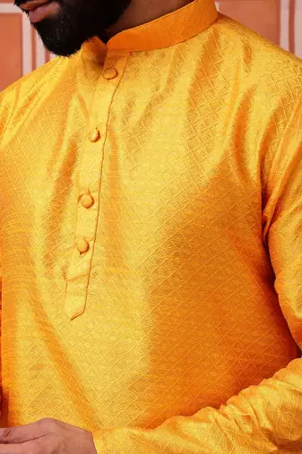 Men mustard yellow georgette kurta featuring soft feather feel fabric