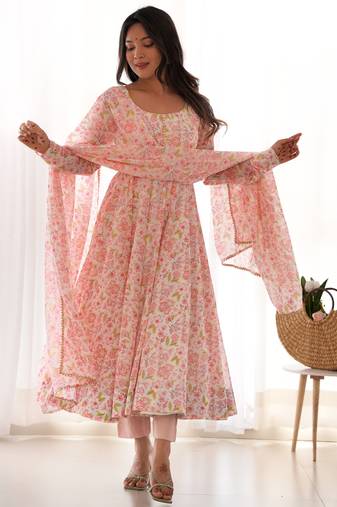 Pastel Pink Printed Anarkali     Elegant Full Flare with Matching Dupatta