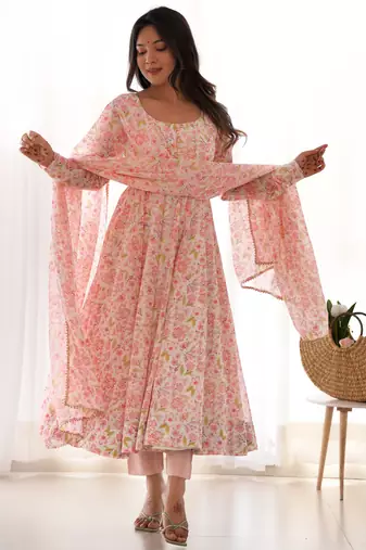 Pastel Pink Printed Anarkali     Elegant Full Flare with Matching Dupatta