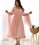 Pastel Pink Printed Anarkali     Elegant Full Flare with Matching Dupatta