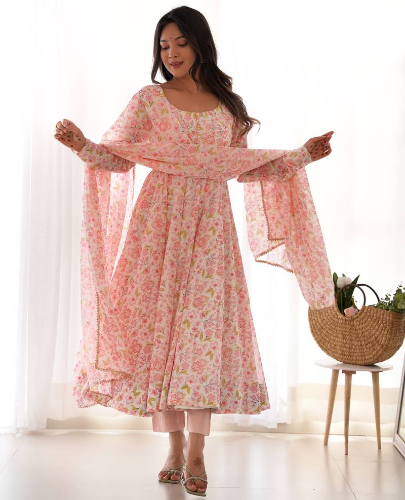 Pastel Pink Printed Anarkali     Elegant Full Flare with Matching Dupatta