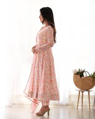 Pastel Pink Printed Anarkali     Elegant Full Flare with Matching Dupatta 3