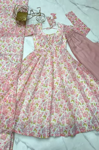 Pastel Pink Printed Anarkali     Elegant Full Flare with Matching Dupatta