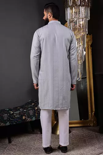 Men grey embroidered kurta with vertical sequin stripe work