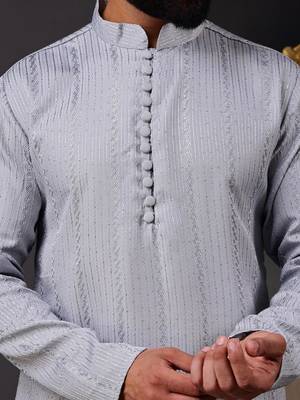 Men grey embroidered kurta with vertical sequin stripe work 5